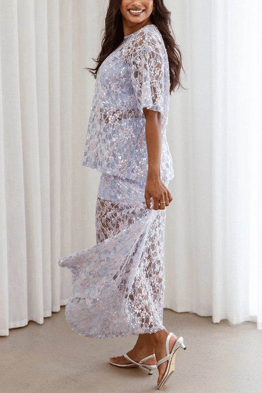 Catch The Light Sheer Sequin Lace High Rise Elastic Waist Maxi Skirt