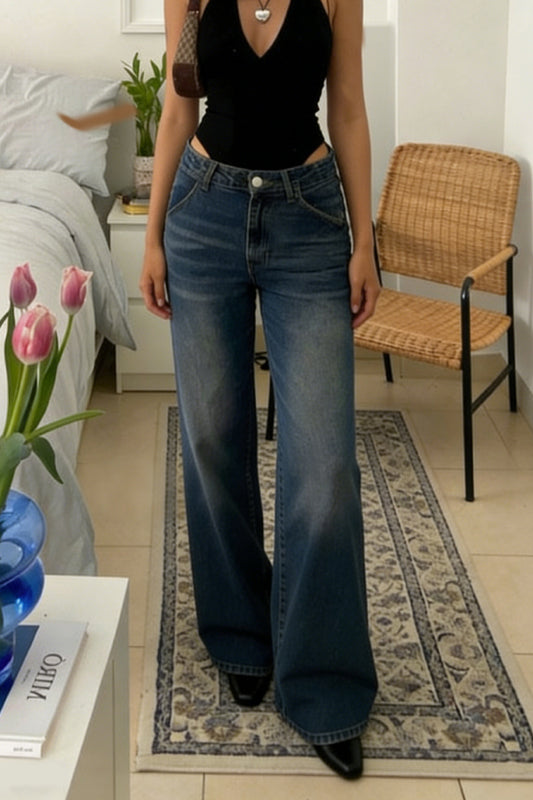 Stylish Pocket Casual Straight Wide Leg Women's Jeans