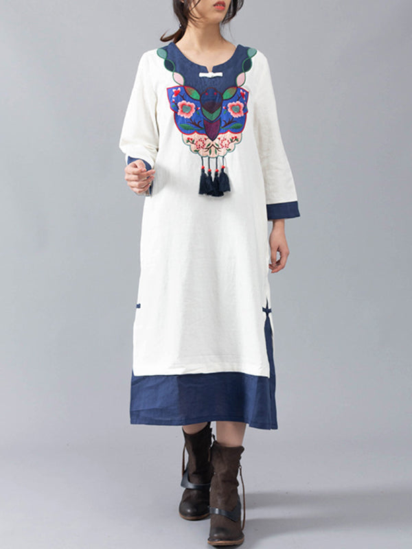 Round Neck Floral Embroidered Tassel Contrast Cuff Midi Dress
