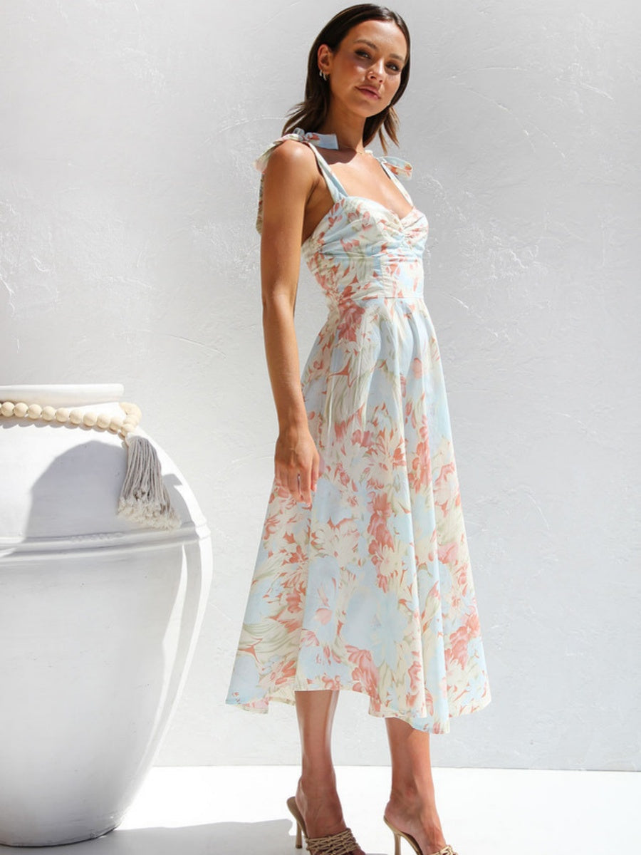 Waist V-neck Bandage Camisoles Printed Vacation And Leisure Maxi Dresses