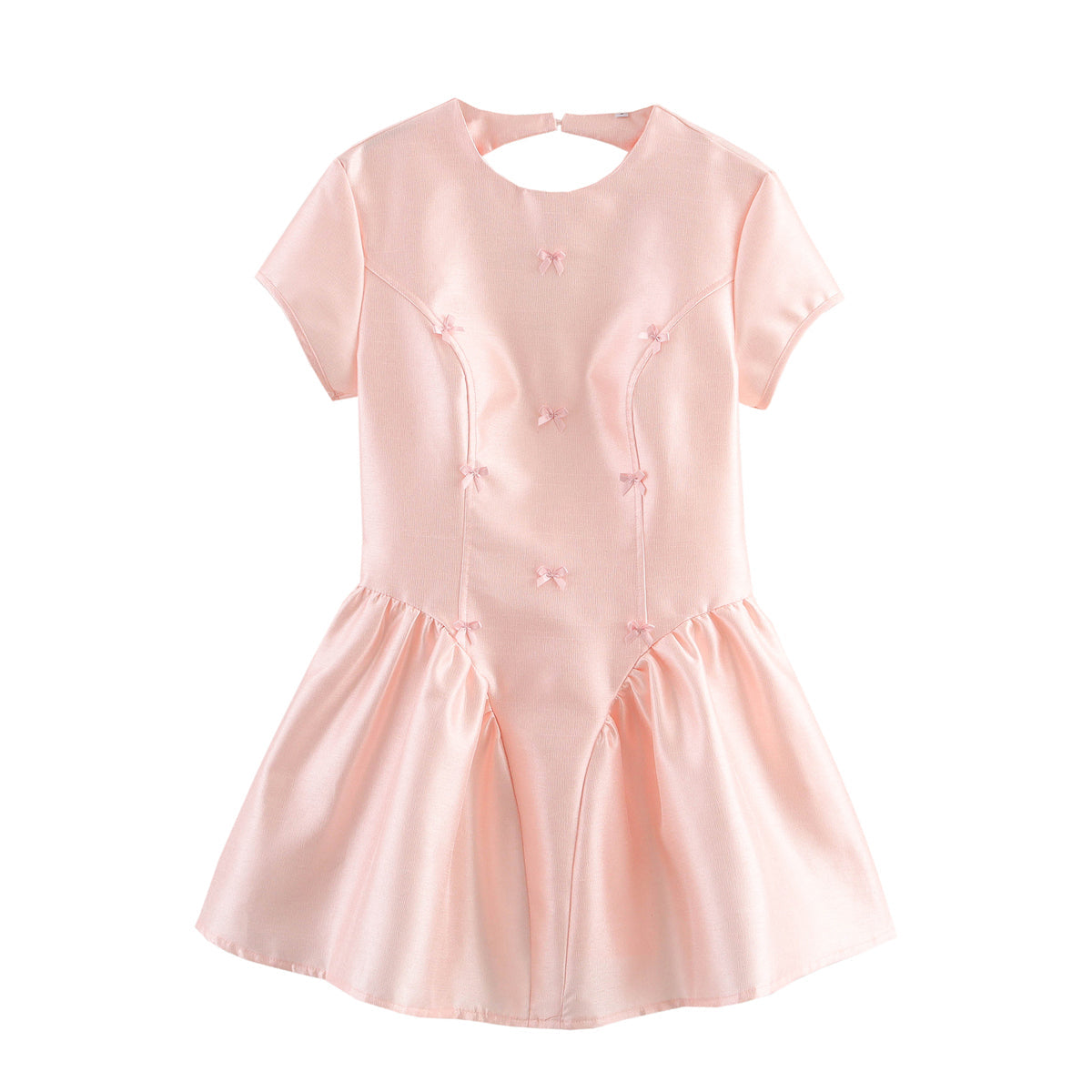 Bow Detail Short Sleeve Basque Waist Pleated Tulle Mini Dress