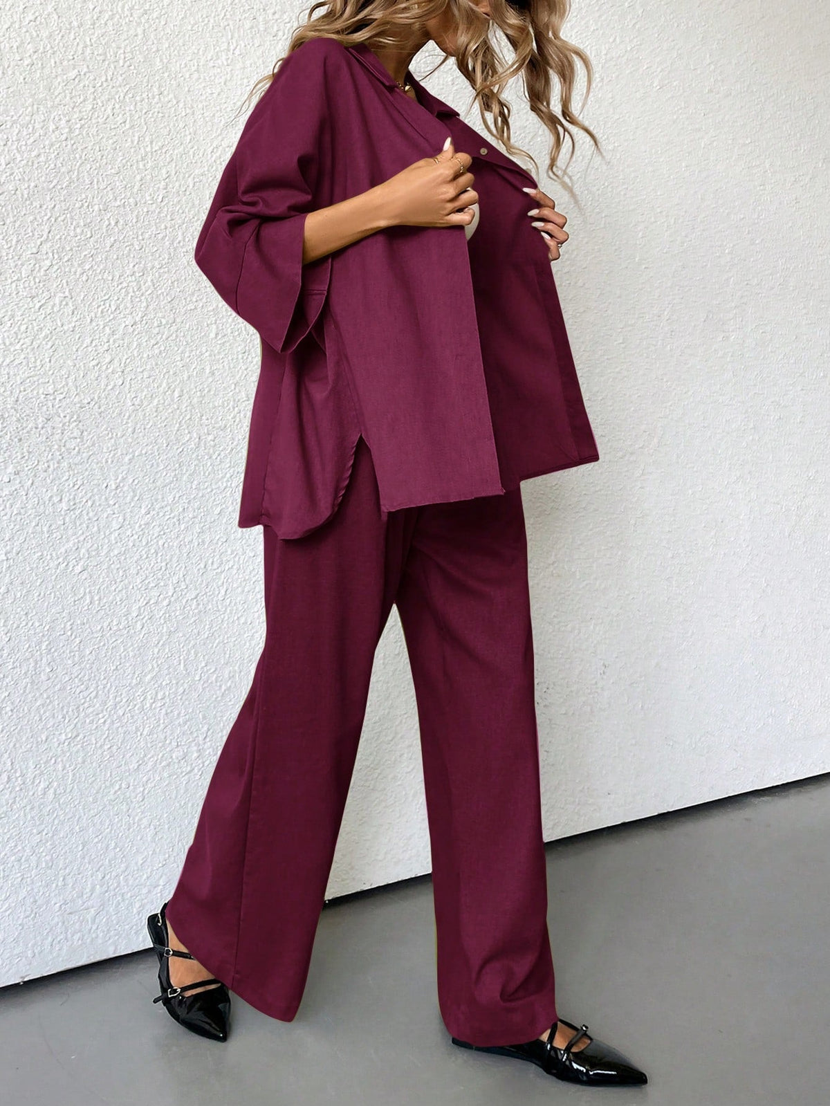 Burgundy Two Piece Blouse And Wide Leg Pants Set With Side Slit For Casual Business Wear
