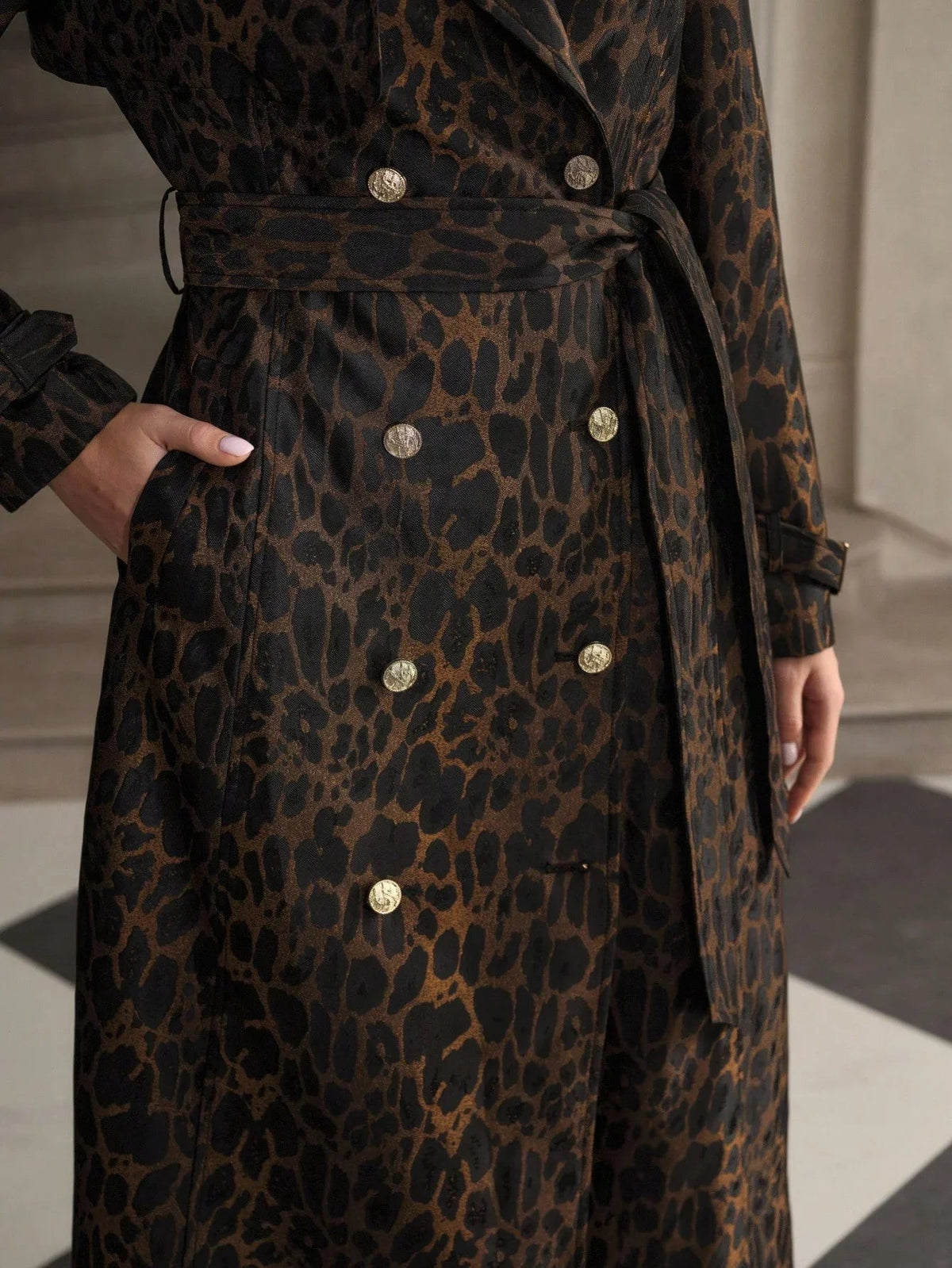 Leopard Print Trench Coat With Waist Belt Relaxed Fit
