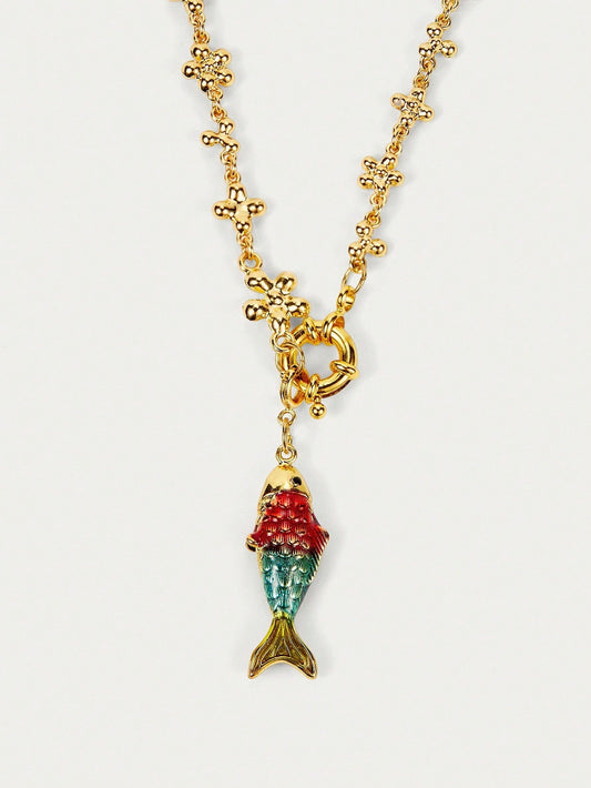 Colorful Rhinestone Fish Necklace Vintage Ocean Charm