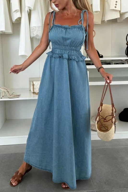 Stylish Square Neck Halter Backless Fitted Waist Pleated Casual Denim Maxi Dress