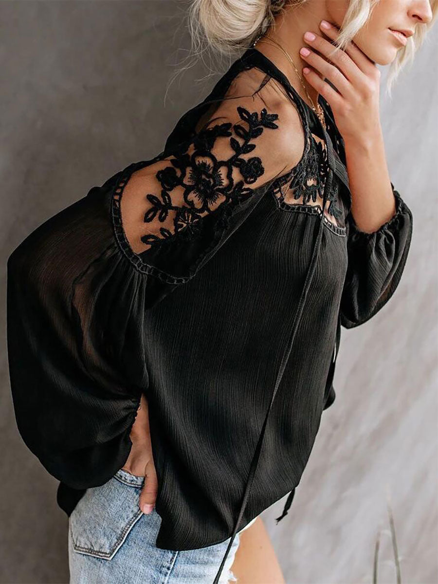 Blouse For Women White Sheer Flowers Embroidered Bohemian Long Sleeves Tops