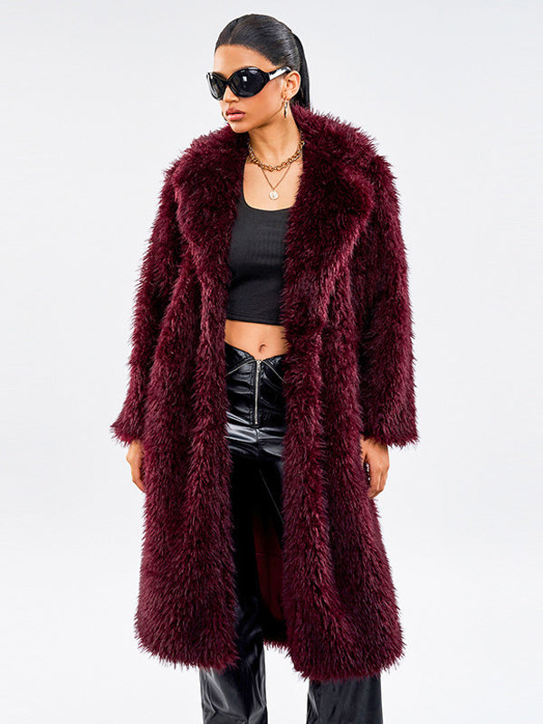 Faux Fur Coats In Burgundy Notched Lapel Winter Long Jacket For Women 2026