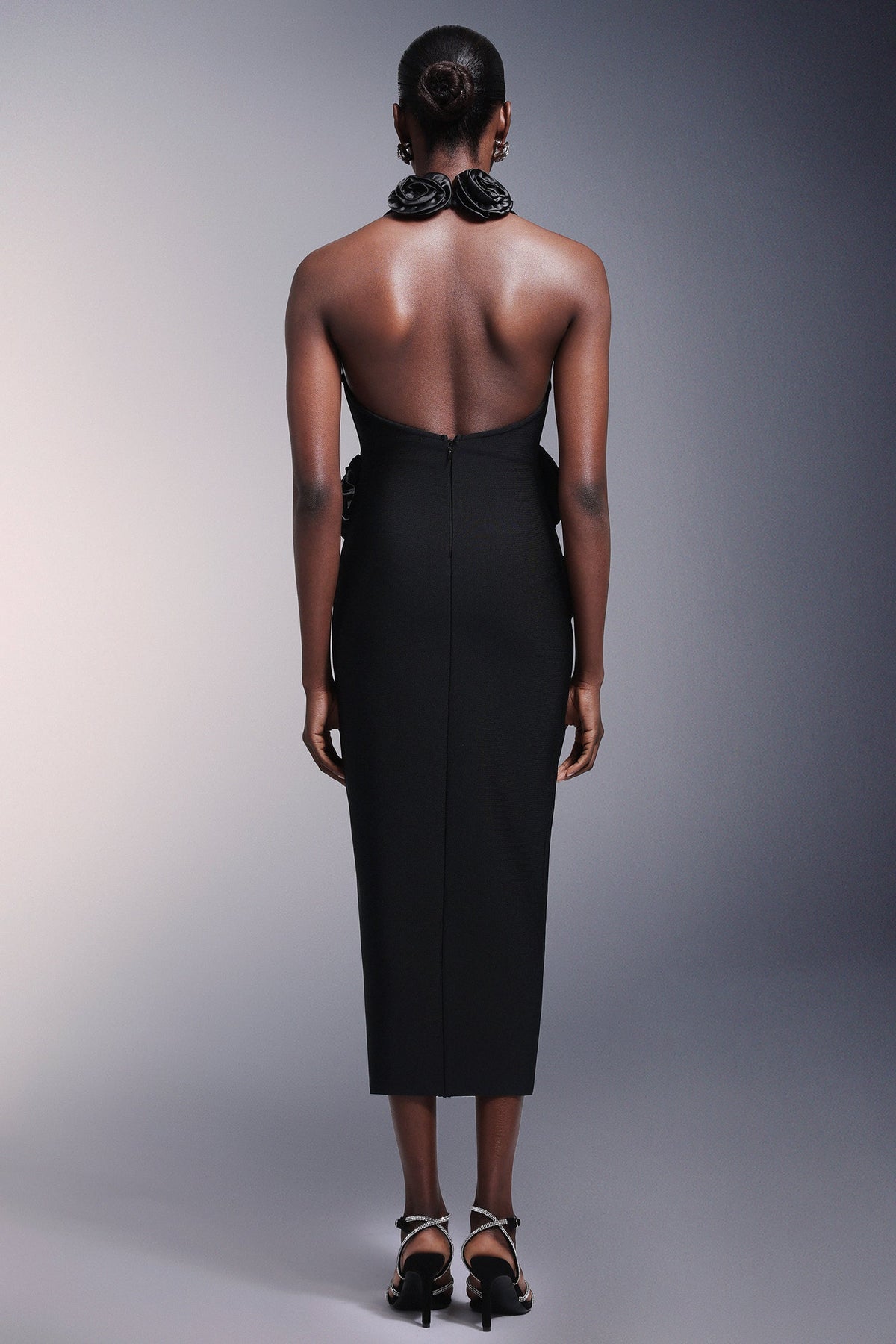 Halter Neck Deep V-Neck Rosette Applique Center Slit Bandage Midi Dress