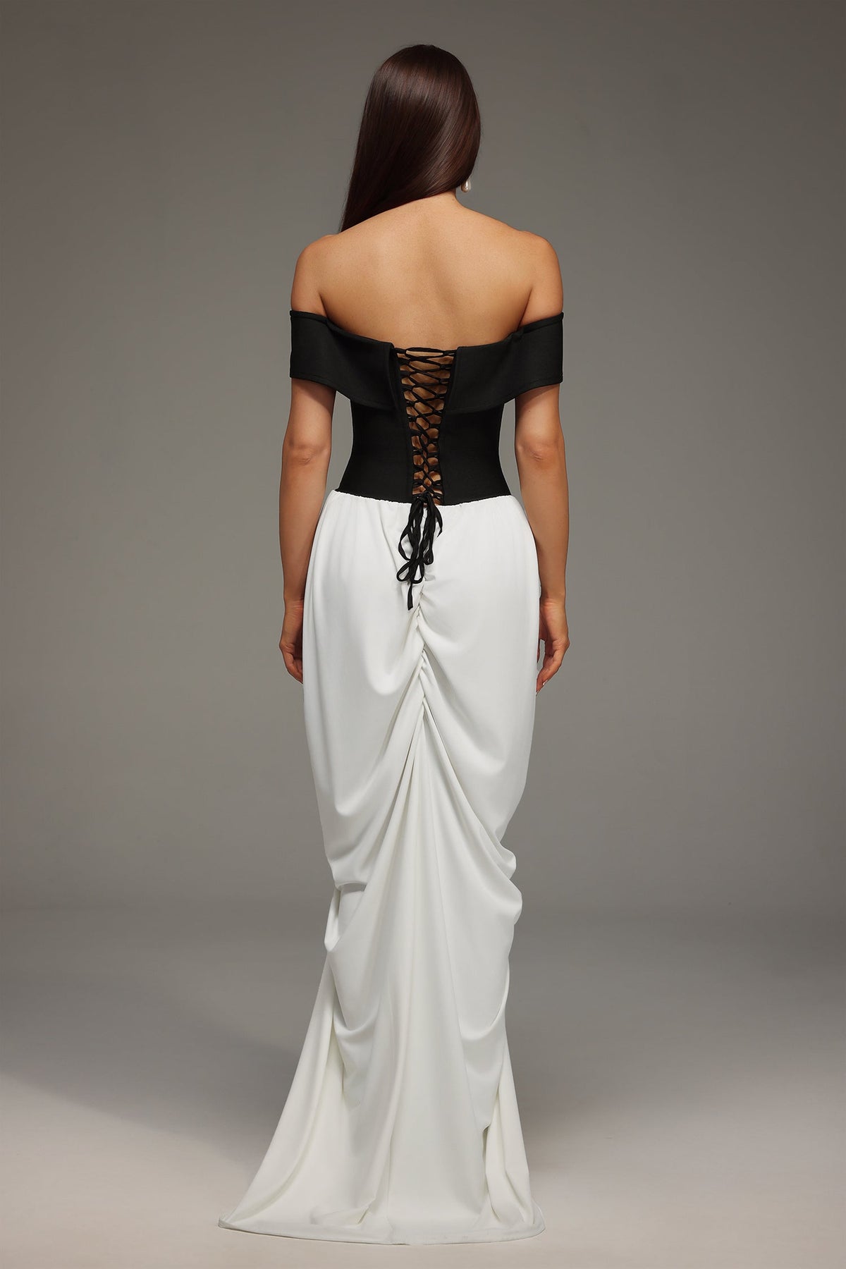 Off Shoulder Draped Contrast Panel Ruched Train Maxi Gown