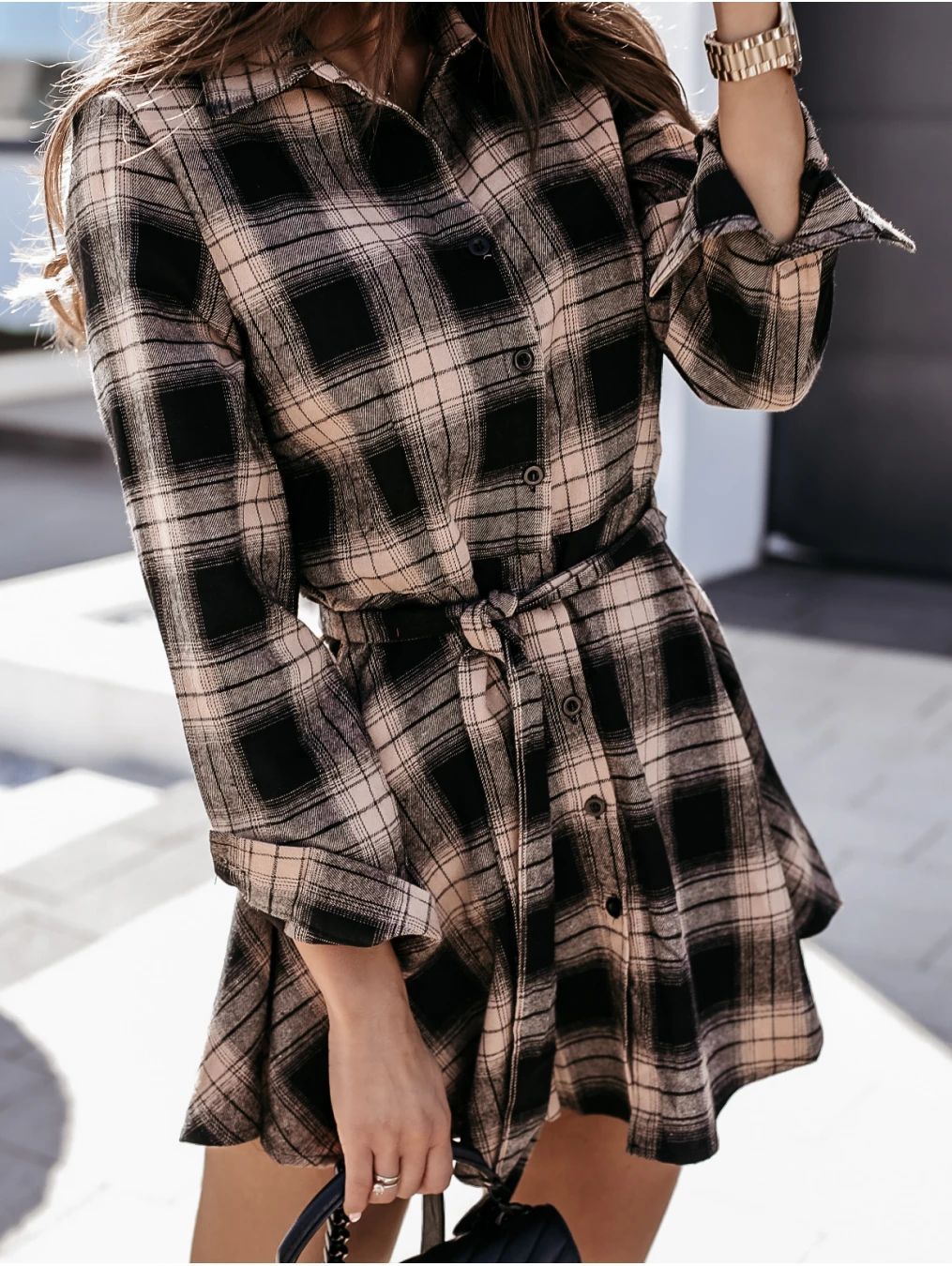 Spread Collar Button Front Belted Plaid Shirt Mini Dress