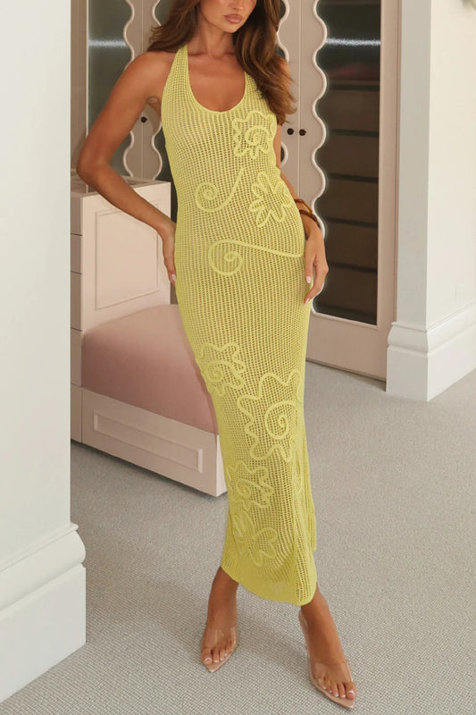 Solid Color Openwork Knit Backless Slim Fit Vacation Cover-up Maxi Dress