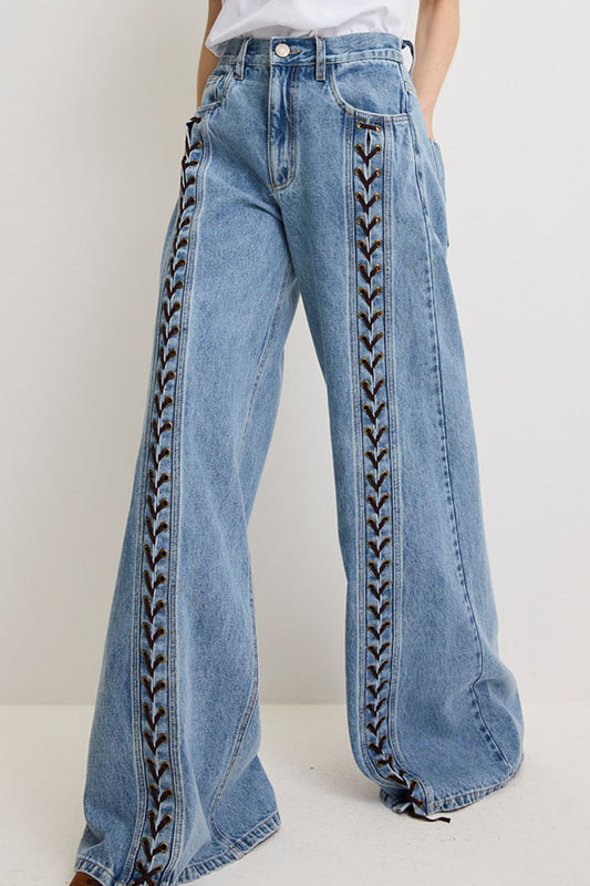 Harloe Denim High Rise Front Center Slit Rope Knot Design Pocket Wide Leg Jeans