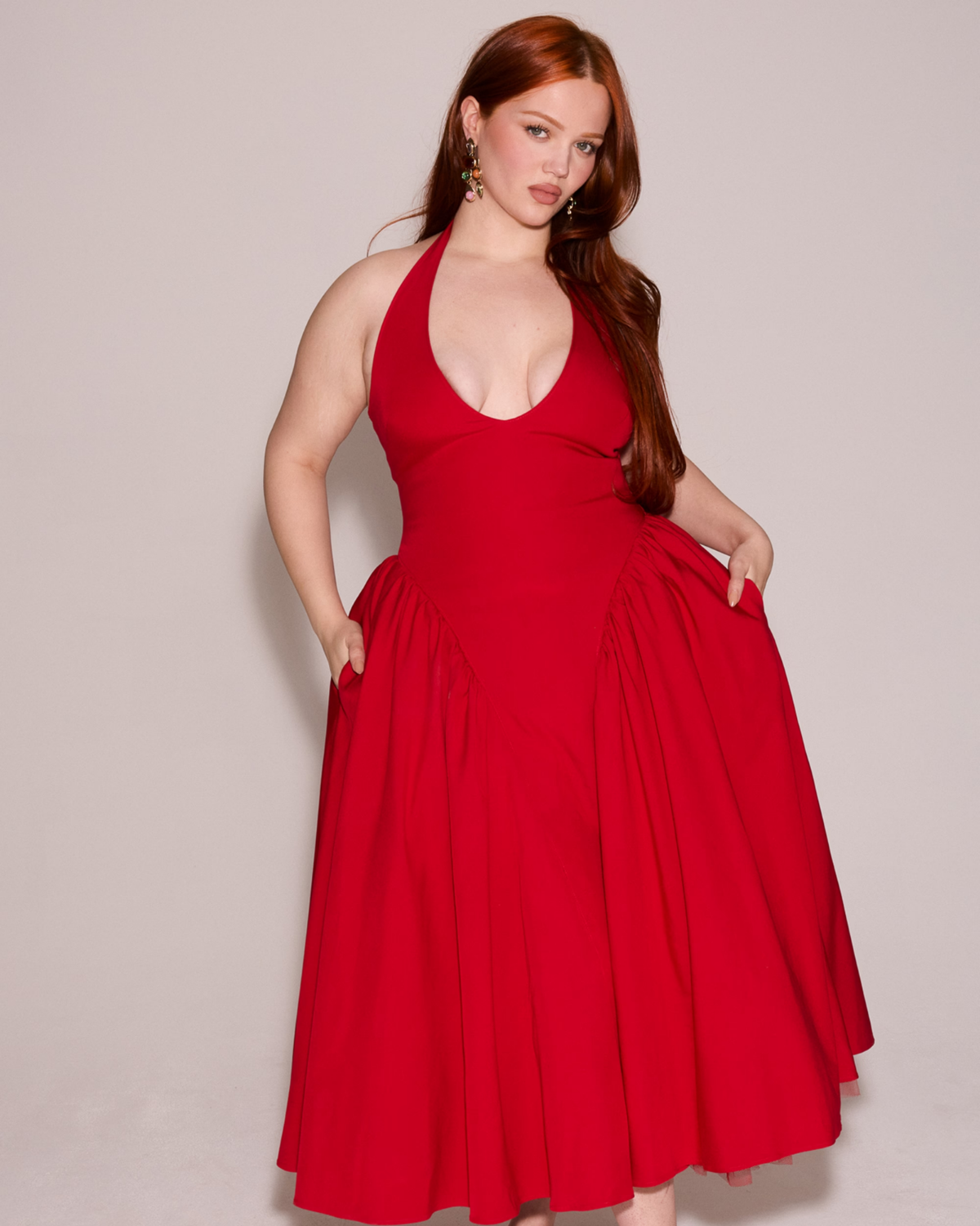Halter Neck Plunging V Neck Dropped Waist Pleated Full Skirt Midi Dress