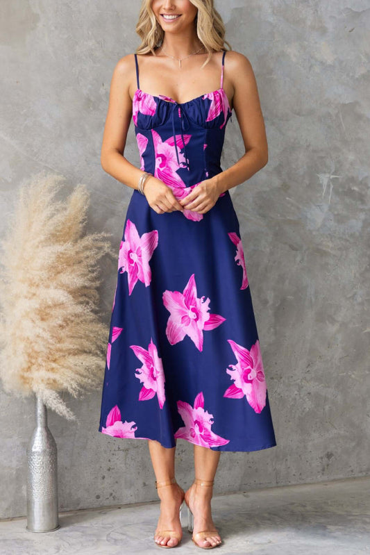 Floral Print Spaghetti Strap Backless Tie-up Elegant Slim-fit Midi Dress