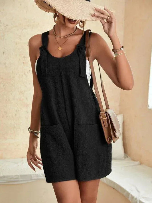 Tie Strap Sleeveless Casual Summer Romper with Pockets – Loose Fit Jumpsuit