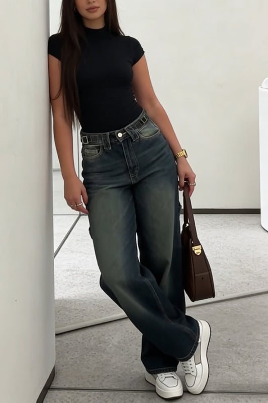 Stylish High-waisted Loose-fitting Pocket Casual Straight-leg Wide-leg Jeans