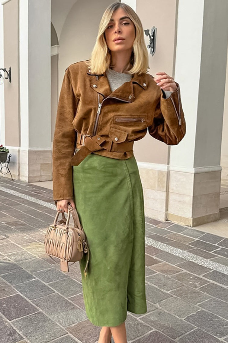 Faux-Suede Front-Slit Midi Skirt