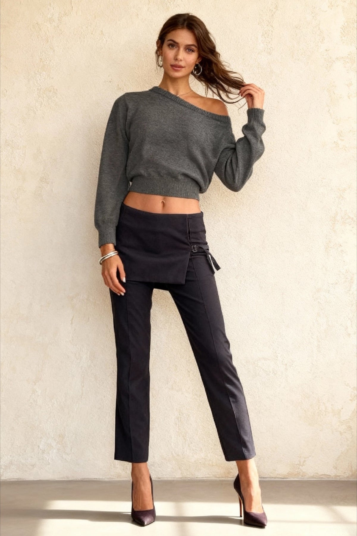 Minimalist Slim Asymmetrical Neck Long Sleeve Blouse