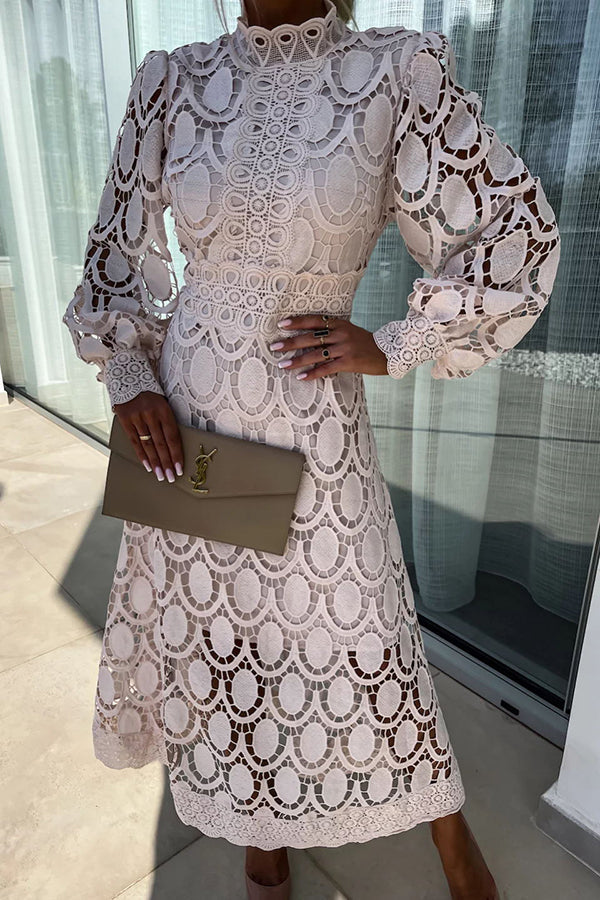 Mock Neck Lace Long Sleeve Waistband Midi Dress