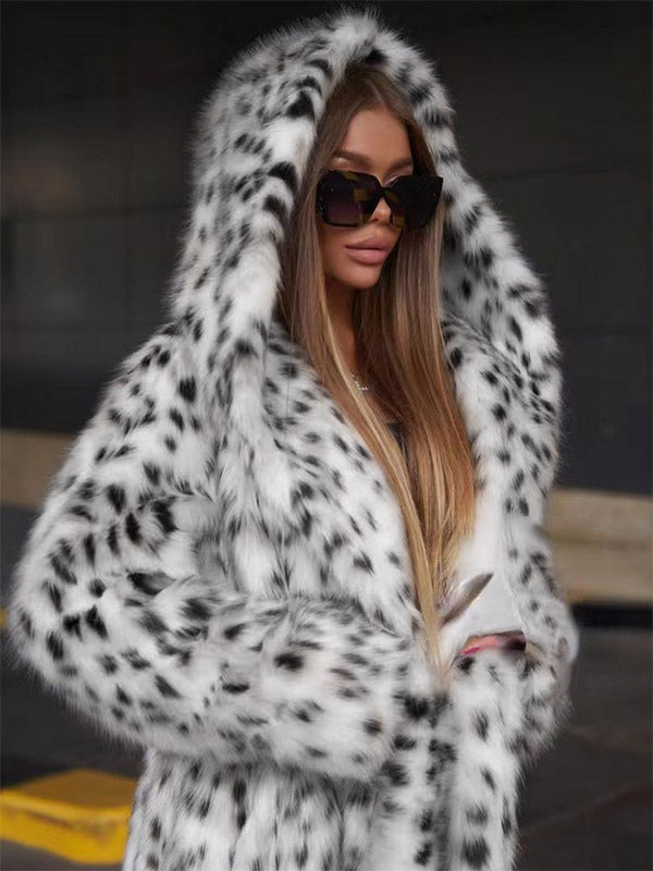 Hooded Faux Fur Coat Leopard Print Eco-friendly Winter Long Jacket 2026