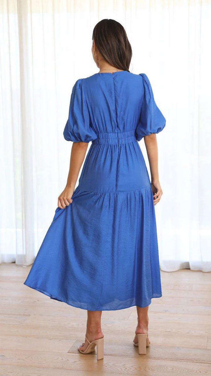Deep V Neck Puff Sleeve Smocked Waist Tiered Midi Dress
