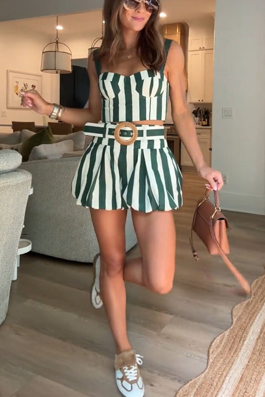 Claudine Striped Heart-shaped Smocked Tank and Raffia Buckle Belted Pocket Bubble Shorts Set