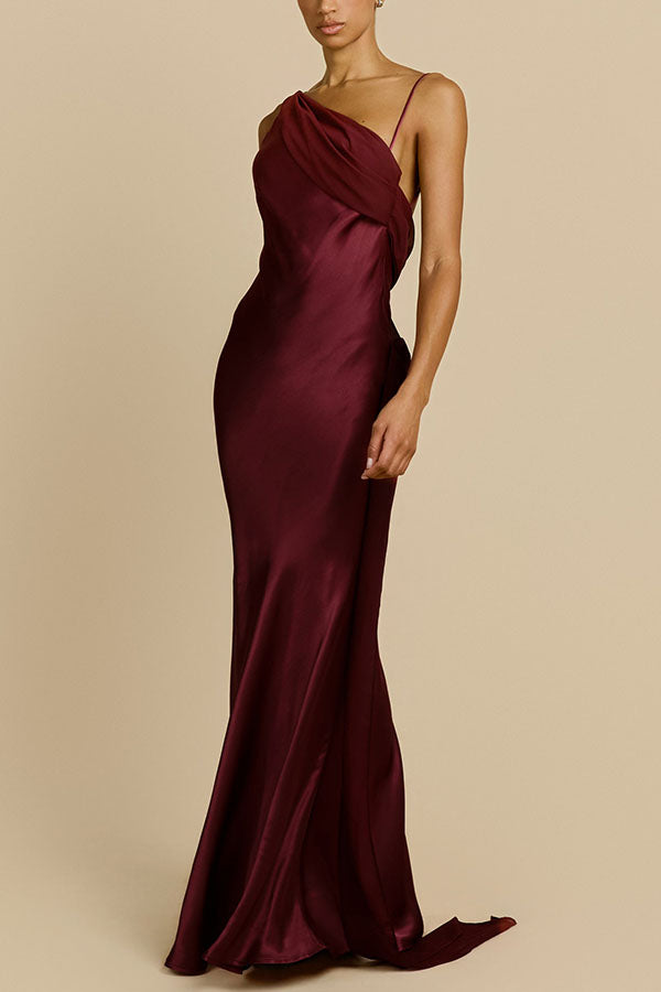 Helena Satin Asymmetric Neckline Contrast Chiffon Detail Backless Maxi Dress