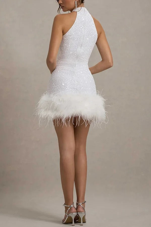 Sequin Halter High Neck Cut In Shoulder Feather Hem Bodycon Mini Dress