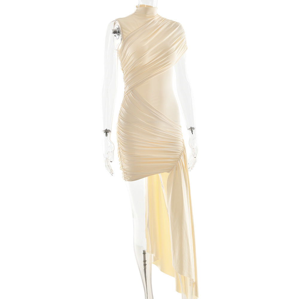 Mock Neck Asymmetric Drape Ruched Mini Dress