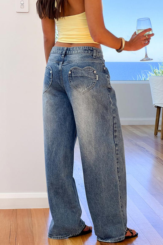 Retro-style Loose Heart-shaped Back Pockets Wide-leg Jeans