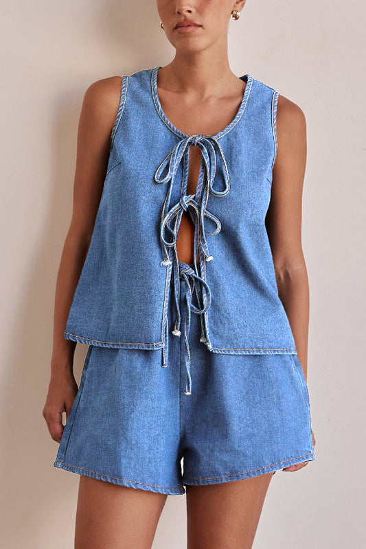 Stylish Elastic Waist Drawstring Pocket Casual Loose Denim Shorts