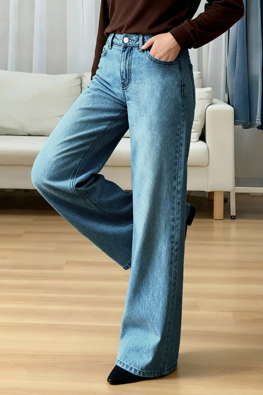 Stylish Casual Loose Pockets Straight-leg Wide-leg Jeans