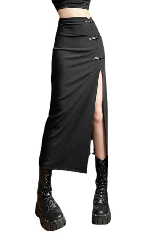 Black Women A-line Slits High Waist Slim Hip-covering Solid Mid-length Long Streetwear Skirt