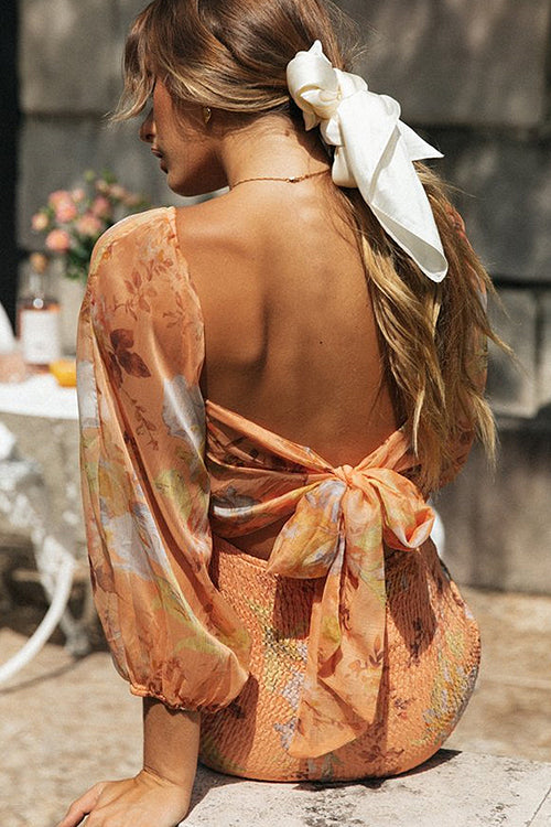 Square Neck Balloon Sleeve Ruched Smocked Floral Print Mini Dress