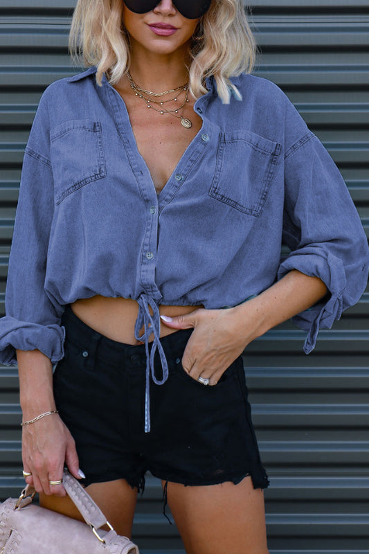 Stylish Lapel Long-sleeved Pocket Button Casual Denim Shirt
