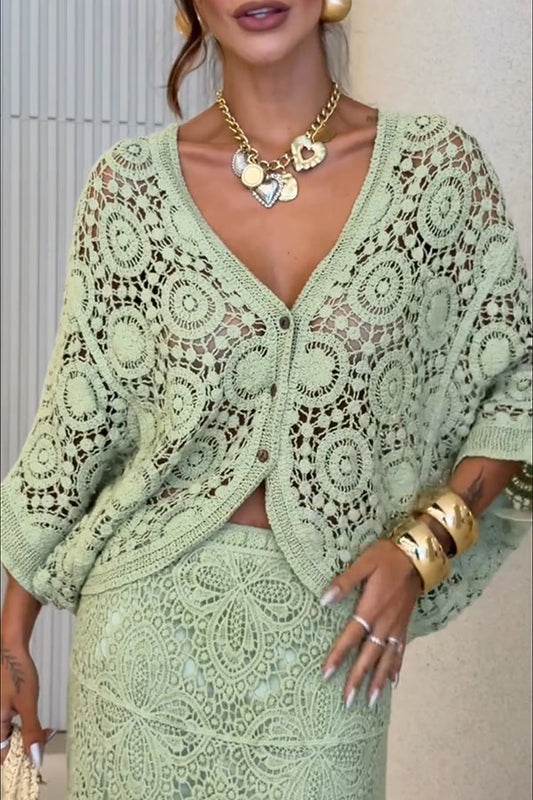 Anina Knit Crochet Cutout Button Up Batwing Half Sleeve Loose Cover-up Top