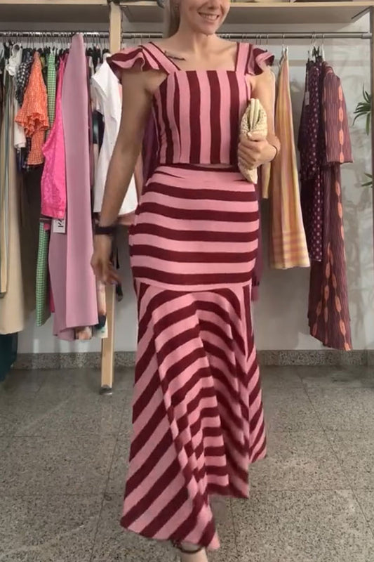 Rosha Striped Square Neck Ruffles Sleeve Smocked Top and High Rise Flare Skirt Set