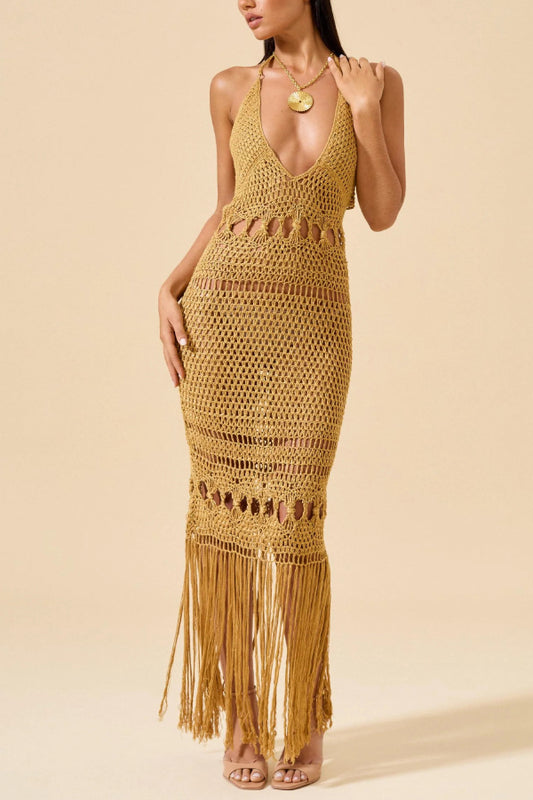 Fashionable Open-knit Backless Elegant Tassel Hem Vacation Cover-up Maxi Dress