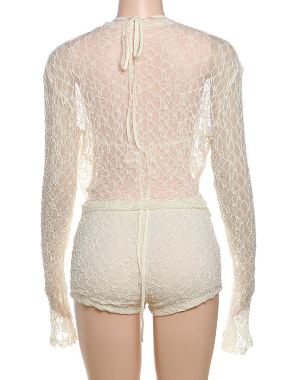 Lace Cutout Long-sleeved Cover-up Halter Neck Strap Slim-fit Shorts 3-piece Sets