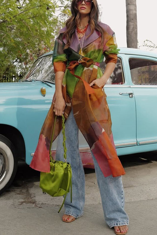 Vibrantly Color Organza Printed Tie-Waist Pocket Lapel Mid-Length Trench Coat