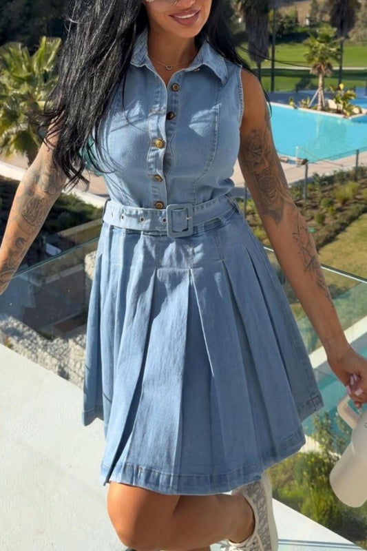 Stylish Collared Sleeveless Button-down Belted Casual Denim Mini Dress
