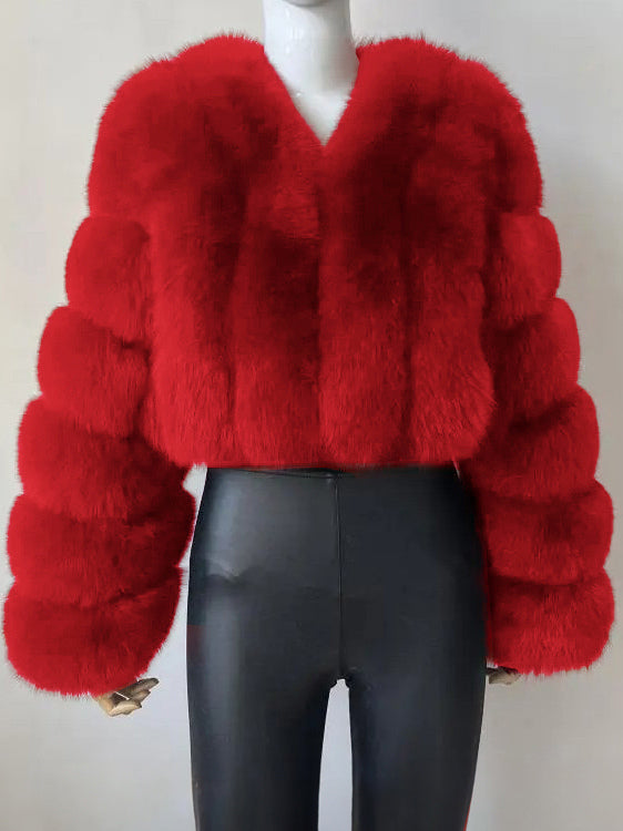 Faux Fur Coat V-Neck Long Sleeves Winter Eco-friendly Fur Crop Jacket For Women 2026