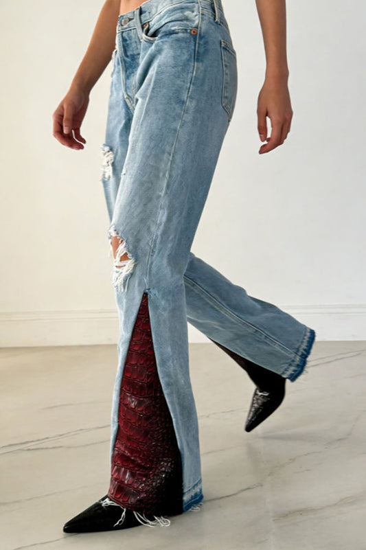 Stylish Attitude Denim Mid Rise Distressed Red Croc Hem Pocket Flare Jeans