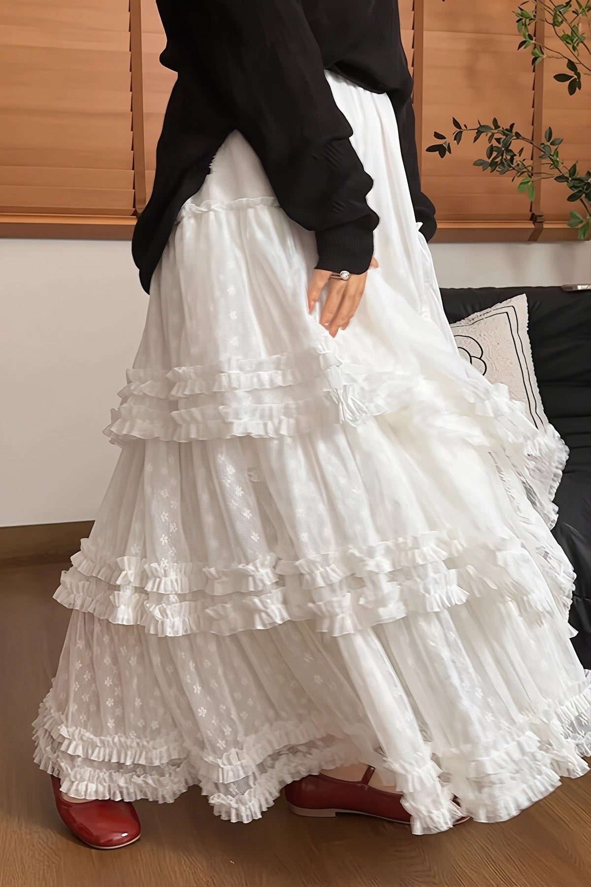 Lace Ruffle Tiered Tulle Maxi Skirt