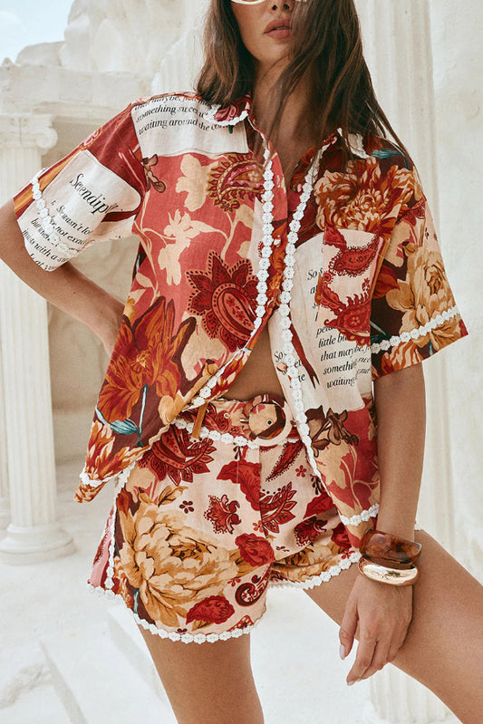 Unique Printed Collared Short-sleeved Loose-fitting Shirt and Casual Floral Trim Shorts Set