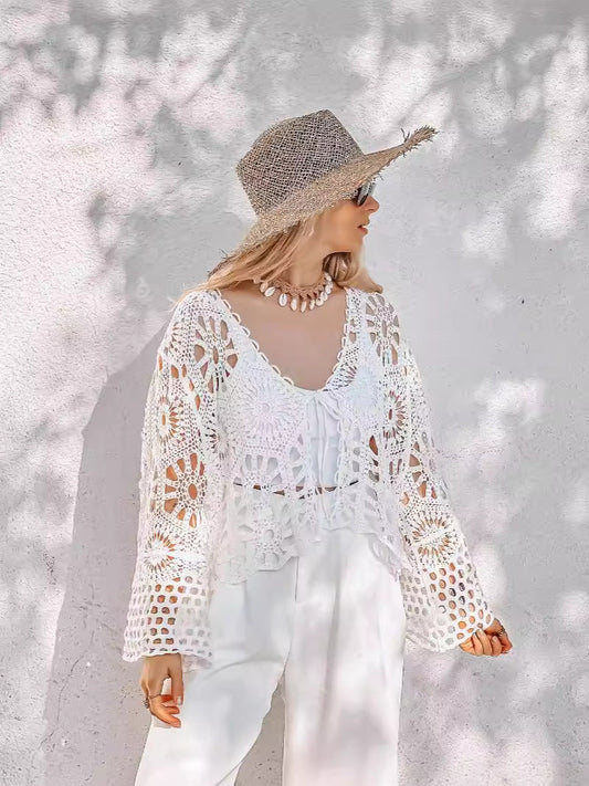 Beach Crochet Lace Cardigan Cover Up Top Long Sleeve