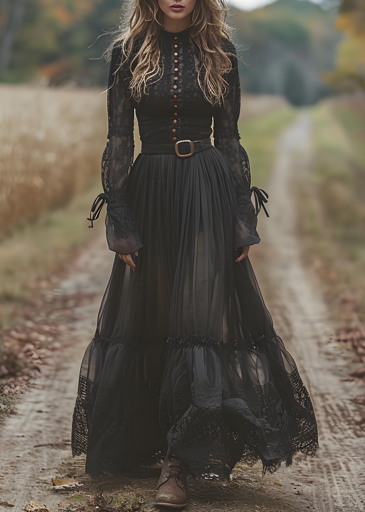 Mock Neck Lace Sleeve Tiered Pleated Belted Floor-Length Gown