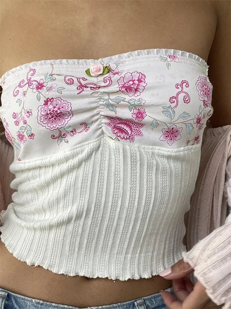Y2K Strapless Tube Fairy Grunge Summer Knitted Floral Print Patchwork Vest Streetwear 2024 Crop Top