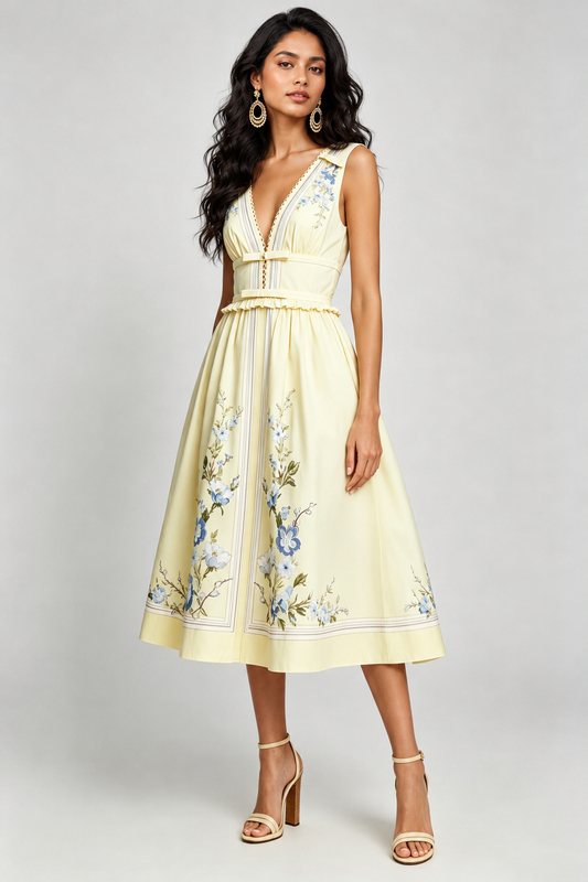 Yellow floral midi dress with waist bands