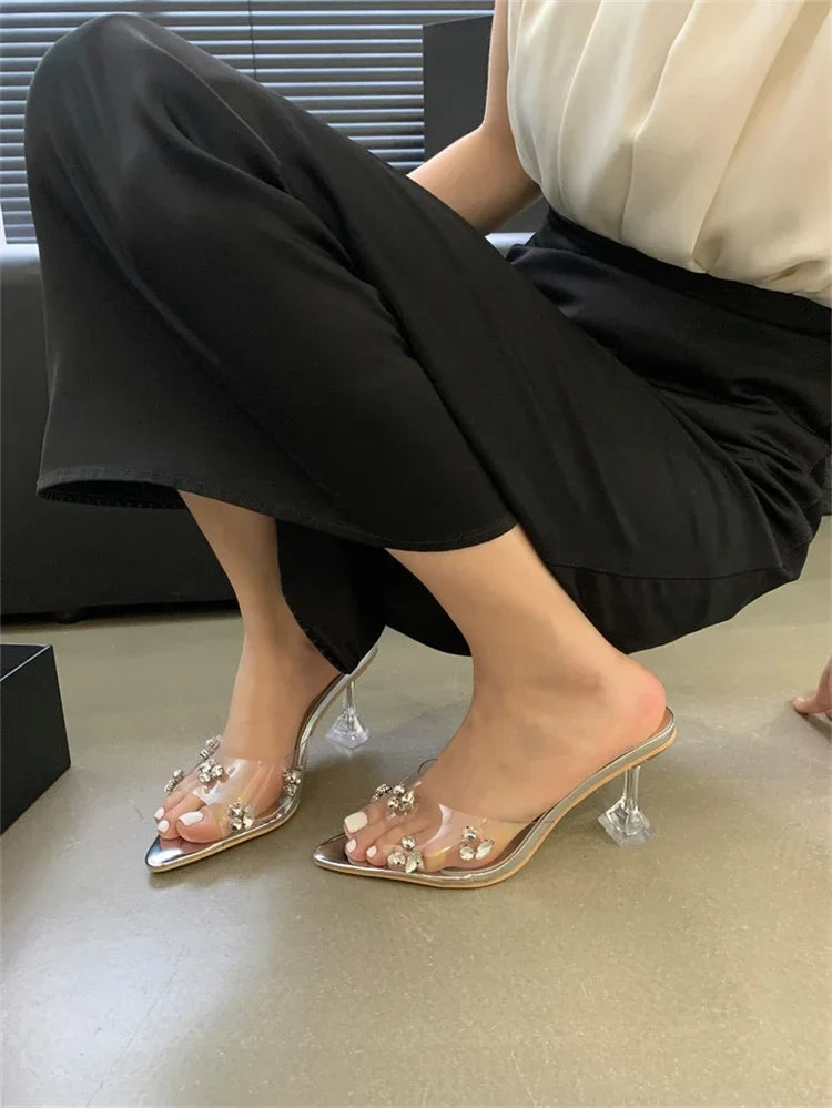 Diamond PVC Transparent Pointed Toe High Women Slippers Summer Slide Shoes Low Heel Pumps